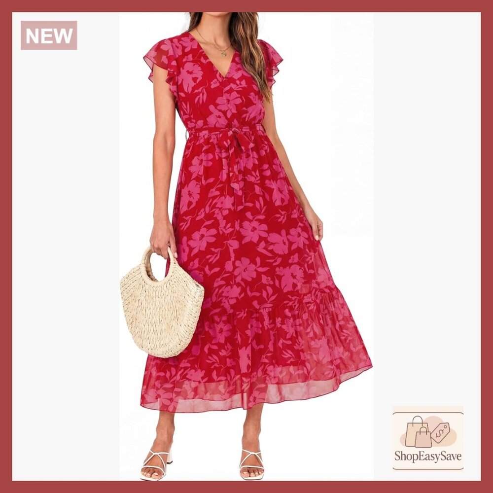 Bohemian Floral Wrap V Neck Ruffle Sleeveless Midi Dress Elegant Summer Casual